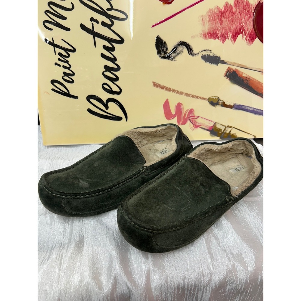 UGG Ascot Suede Slippers Mens 16 Forest Green Wool Lined Loafers 1101110